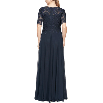 Embroidered Short Sleeve Gown with Stone Accents