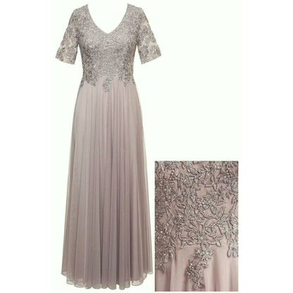 Embroidered Short Sleeve Gown with Stone Accents