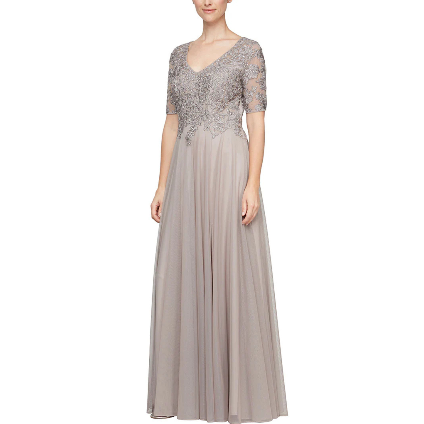 Embroidered Short Sleeve Gown with Stone Accents