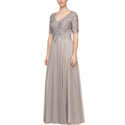 Embroidered Short Sleeve Gown with Stone Accents