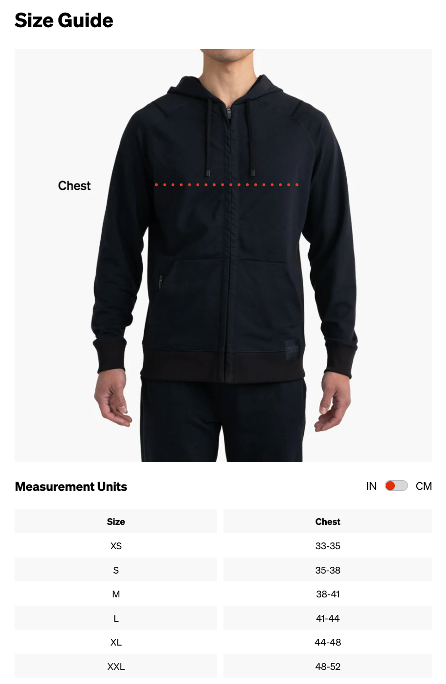 Elizabeths SAXX Snooze Tee Size Chart