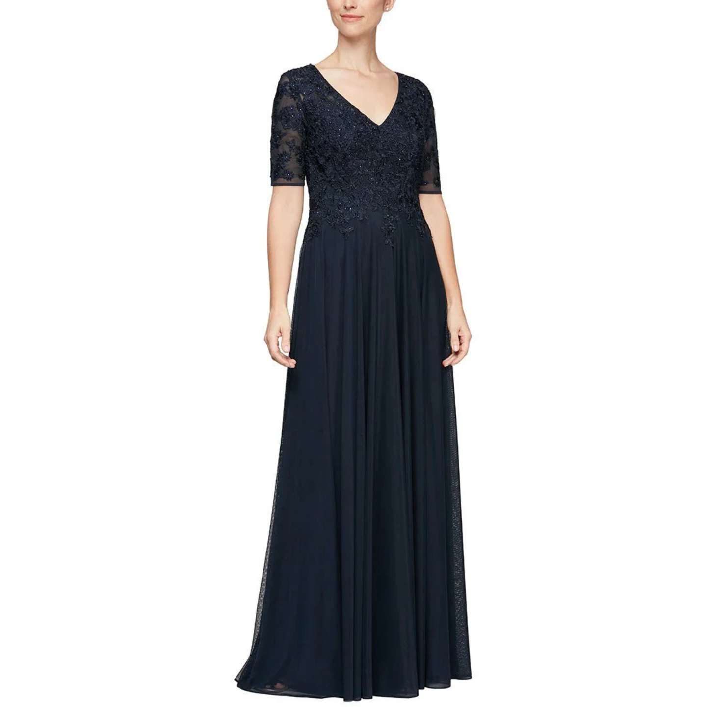 Embroidered Short Sleeve Gown with Stone Accents